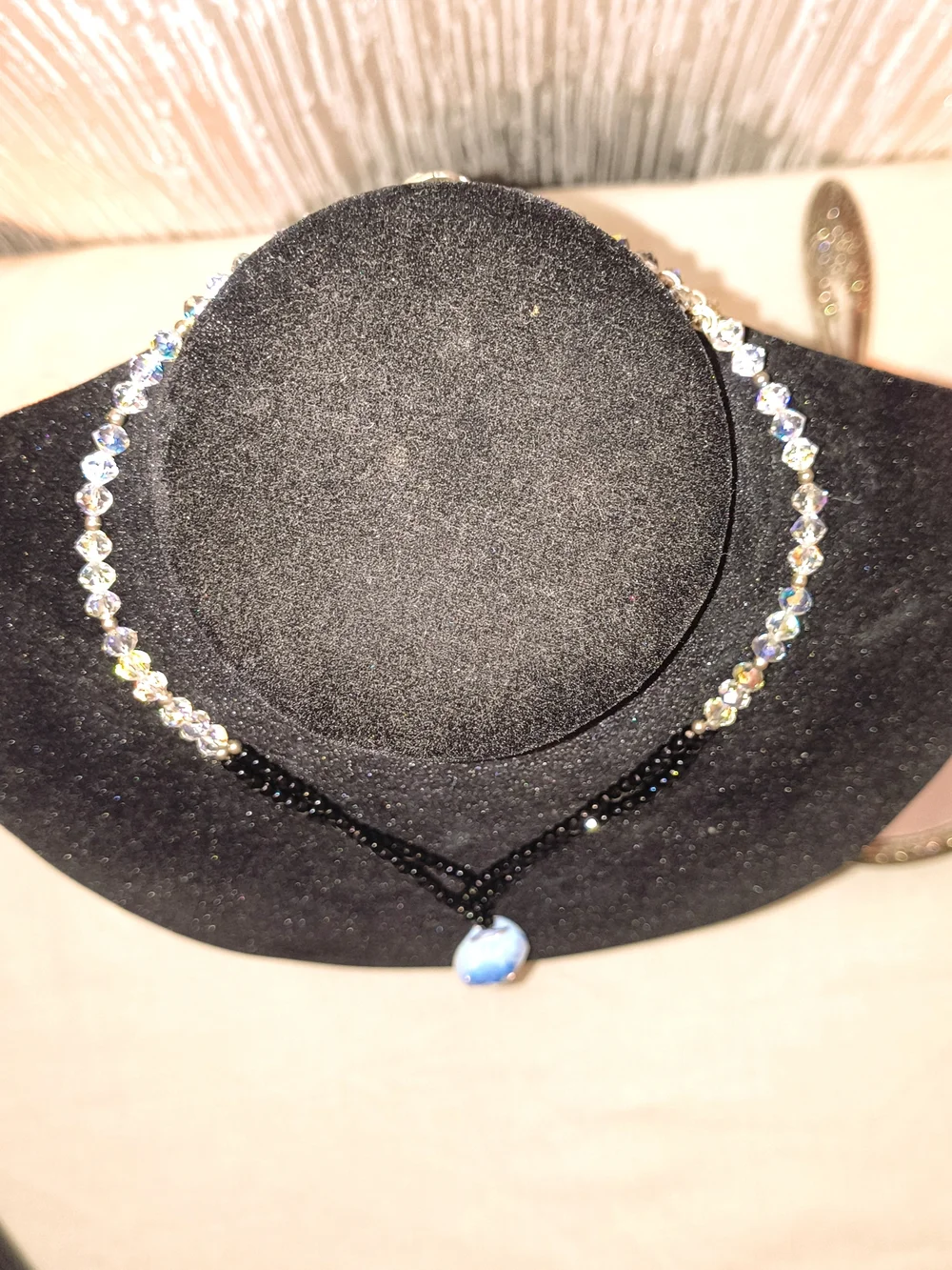 925 Sterling Silver Black Beaded Crystal Blue Teardrop Statement Necklace
